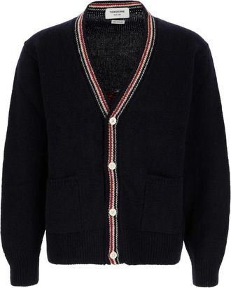 Thom Browne Donegal Intarsia Hector Patchwork Cardigan - Heren - Vesten - Blauw - XL - Wol - Truien & Vesten