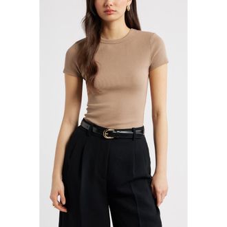 Open Edit Rib Short Sleeve Shirt in Tan Portabella at Nordstrom, Size Xx-Small