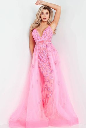 Jovani Embellished Plunging Neck Gown In Hot Pink