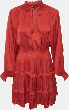 Maje Red Fluid Pleated Satin Ruffle Mini Dress