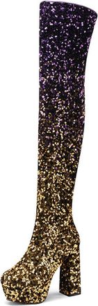 Generic Womens Round Toe Over The Knee Boots Glitter Thigh High Boot with Side Zipper Block High Heel Evening Party Prom Shoes,Purple,3.5 UK