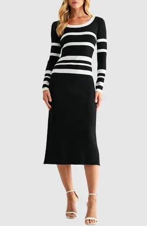 Mila Mae Varigated Stripe Long Sleeve Rib Sweater Dress in Black White at Nordstrom Rack, Size X-Large