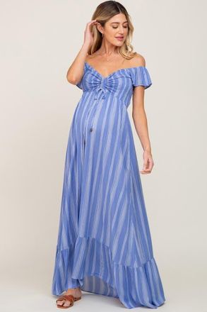 Pinkblush Striped Off Shoulder Front Tie Maxi Dress in Blue at Nordstrom, Size Medium