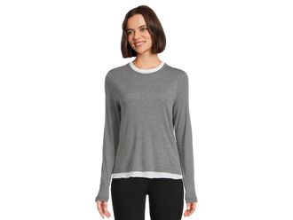 Elliott Lauren Double Layer Long Sleeve, Crew Neck- Knit Top Womens T Shirt Heather Grey : SM, Cotton