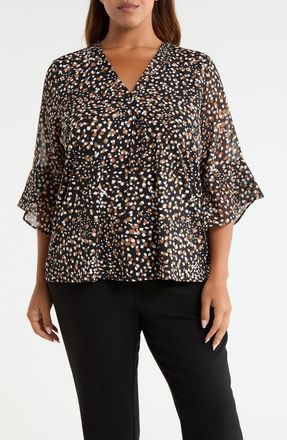 Anne Klein Split Neck Mixed Media Top in Anne Black/vicuna Multi at Nordstrom, Size 0X