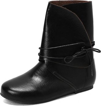 Generic Womens Flats Short Booties Lace Up Comfort Round Toe Slip On Lightweight Vintage Medieval Performance Shoes (Black,5.5)