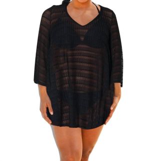 Jordan Taylor Plus Size Textured V-Neck Lace Bell Sleeve Tunic Cover Up In Black