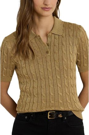 Lauren Ralph Lauren Metallic Cable Polo Sweater in Relic Gold Metallic at Nordstrom, Size X-Large