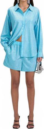 Self Portrait Rhinestone Taffeta Oversized Shirt In Blue