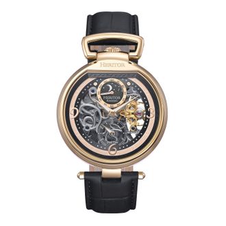 Heritor Lincoln Leather-Band Skeleton Watch with Moon Phase