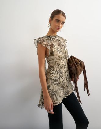 Topshop top trasparente con scollo drappeggiato e stampa zebra monocromatica-Bianco