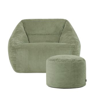 Icon Brand Corduroy Bean Bag Armchair & Round Beanbag Footstool in Green