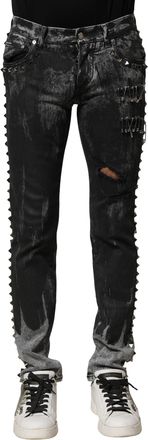 Dolce & Gabbana Mens Black Washed Embellished Skinny Denim Jeans Cotton Elastane Clothing