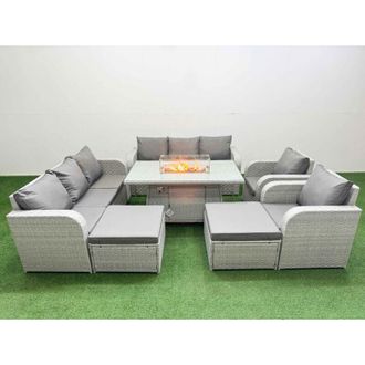 Fimous Pe Rattan High Back Lounge Sofa Set Patio Firepit Dining Table & Chairs Set with 3 Seater Sofa Reclining Chair 2 Big Footstool Side Table Light Grey