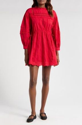 Damson Madder Clancy Lace & Eyelet Long Sleeve Organic Cotton Minidress in Red at Nordstrom Rack, Size 6 Us / 10 Uk