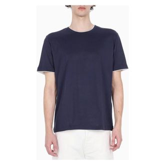 Eleventy T-Shirts, male, Blue, Size: 2XL Cotton T-Shirt with Double Trims