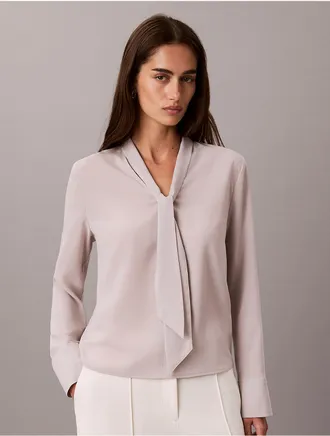 Calvin Klein Womens Scarf Neck Long Sleeve Top - Grey - XL