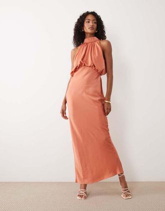 Asos Vestito lungo allacciato al collo in raso color rame-Multi