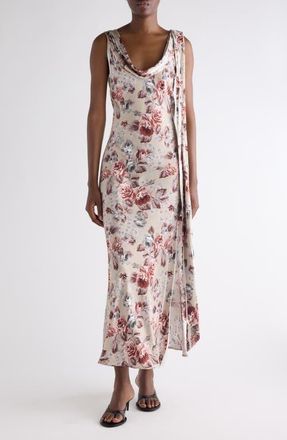Acne Studios Floral Print Draped Cowl Neck Satin Midi Dress in Multi Beige at Nordstrom, Size 10 Us