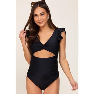 Pinkblush Cutout Flutter One Piece Swimsuit in Black at Nordstrom, Size X-Large