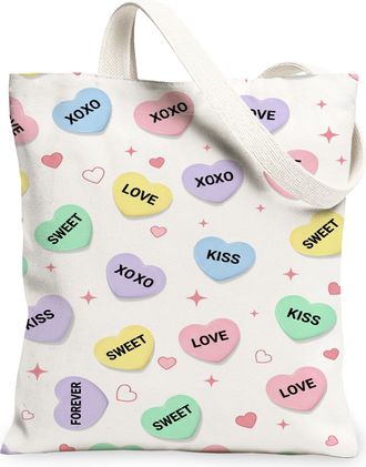 Generic ValentineS Hearts Canvas Tote Bags, Love Message Pattern Reusable Grocery Bags, Lightweight Washable Shoulder Strap for Tr, White, 13x15 Inch