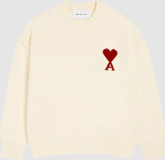 Ami Pull With Contrasted Ami De Coeur Ecru Rouge