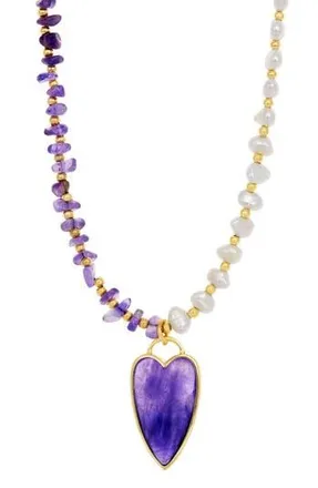 Savvy Cie Jewels Amethyst Heart Pendant Cultured Pearl & Amethyst Necklace in Purple at Nordstrom Rack