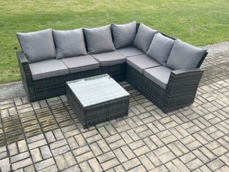 Fimous 6 Seater Wicker PE Outdoor Garden Furniture Set High Back Rattan Corner Sofa Set with Armchair Square Coffee Table in Dark Grey