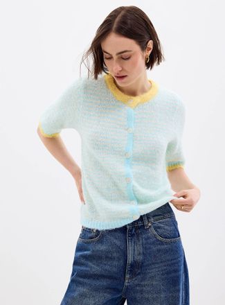 Contemporaine Womens Contrasting trim striped fuzzy Cardigan Sweater