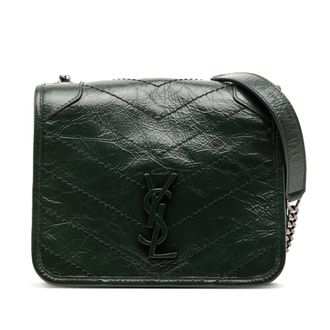 Saint Laurent Pre-owned Womens Crinkled Calfskin Niki Wallet On Chain - Dark Green Leather - One Size