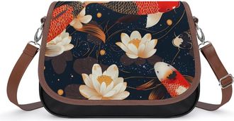 Generic Gold And Red Japanese Fish Womens Leather Crossbody Bags with Adjustable Strap Casual Printed Shoulder Handbag