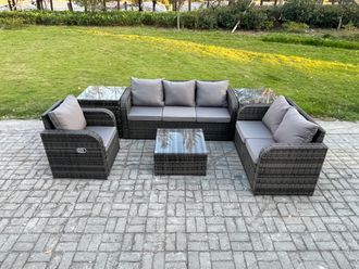 Fimous Rattan Garden Furniture 6 Piece Patio Set With Table Sofa Square Coffee Table Reclining Chair Loveseat sofa 2 Side Tables in Dark Grey