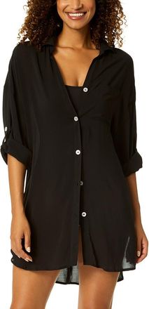 Anne Cole Mid Length Shirttail Button Down Top