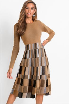 Bonprix Strickkleid BONPRIX Ausgestelltes Jacquard-Strickkleid, Damen, Gr. 32/34 (XS), N-Gr, braun (camel, braun kariert), Obermaterial: 100% Polyacryl, ausge