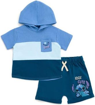 Disney Lilo & Stitch 2-Piece Hooded Tee and Shorts Set in Navy Blue Stitch at Nordstrom, Size 3-6M