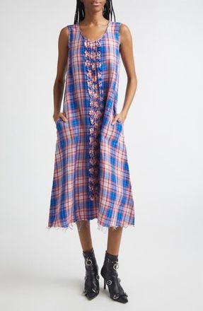 R13 Frayed Ruffle Plaid Midi Dress in Blue Pink Plaid at Nordstrom, Size X-Small