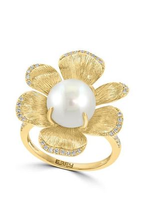 Effy 14K Yellow Gold Diamond Fresh Water Pearl Large Flower Ring in 14K Gold at Nordstrom, Size 7