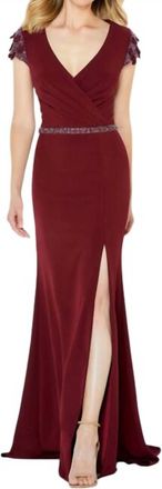 Montage by Mon Cheri Front Slit Cap Sleeve Dress In Wine