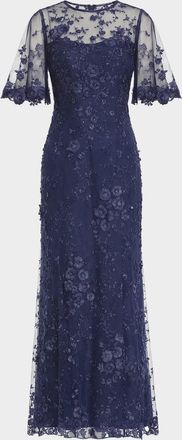 Mac Duggal Flutter-Sleeve Embroidered Lace Gown