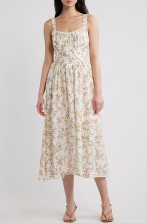 Blu Pepper Lace Detail Floral Midi Dress in Cream Multi at Nordstrom, Size Medium