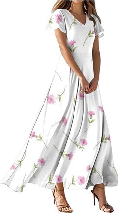 Generic Summer Dresses for Women UK Empire Waist Comfy Boho Floral Print V Neck Ladies Maxi Dress Beach Swing Long Dresses Slim Fit A Line Wrap Flowy Dress wi