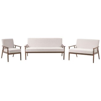 Beliani Conjunto De Sala De Estar Retro Sof&aacute; 3 Plazas Sof&aacute; 2 Plazas Y Sill&oacute;n Tapizado De Poli&eacute;ster Estructura De Madera Beige Y Marr&oacute;n Oscuro Esrum