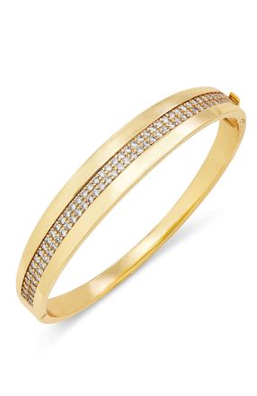 Savvy Cie Jewels 14K GOLD PLATED OVER BRASS WHITE CZ BANGLE 8 LONG 0.45 WIDTH FOLD OVER LOCK BRACELET