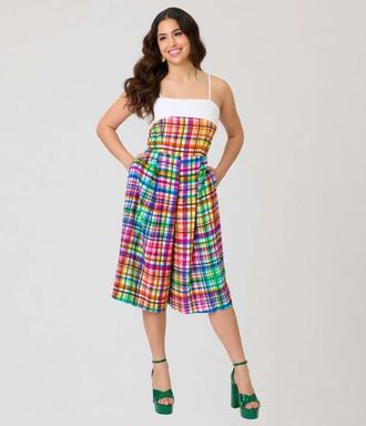 Unique Vintage Wide Leg Nancy Romper in White Plaid at Nordstrom, Size X-Large