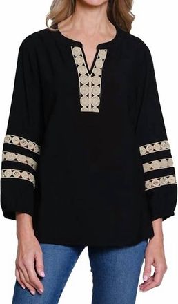Multiples 3/4 Sleeve Band Neck Notch Neck Top In Black