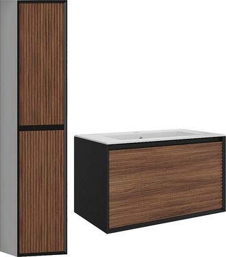 Vente-Unique Mueble de ba&ntilde;o suspendido con lavabo encastrado y columna - Color natural oscuro y negro - 80 cm - BANIVA