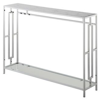 Convenience Concepts Town Square Chrome Console Table with Shelf White Faux Marble/Chrome