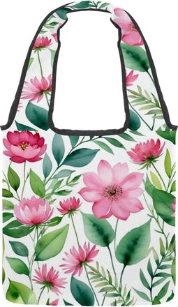 Generic Flowers and Green Leaves Reversible Canvas Shoulder Tote - Double-Sided Print, 12oz Cotton, 27cm Drop, Fold-Flat Bag for Travel, Shopping, Street Outi