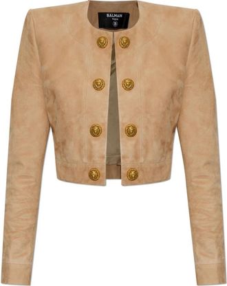 Balmain Cropped Su&egrave;de Leren Jas - Dames - Leren en Su&egrave;de Jassen - Beige - XS - Su&egrave;de - Jassen