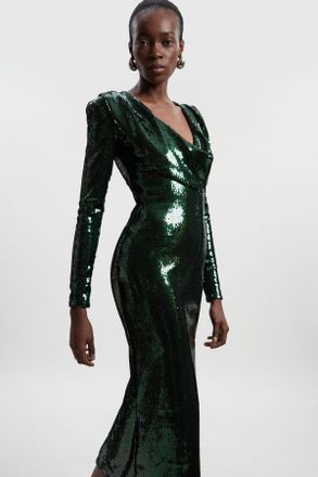 Karen Millen Womens Sequin Plunge Cowl Neck Strong Shoulder Long Sleeve Midi Dress - Emerald - Size X-Small